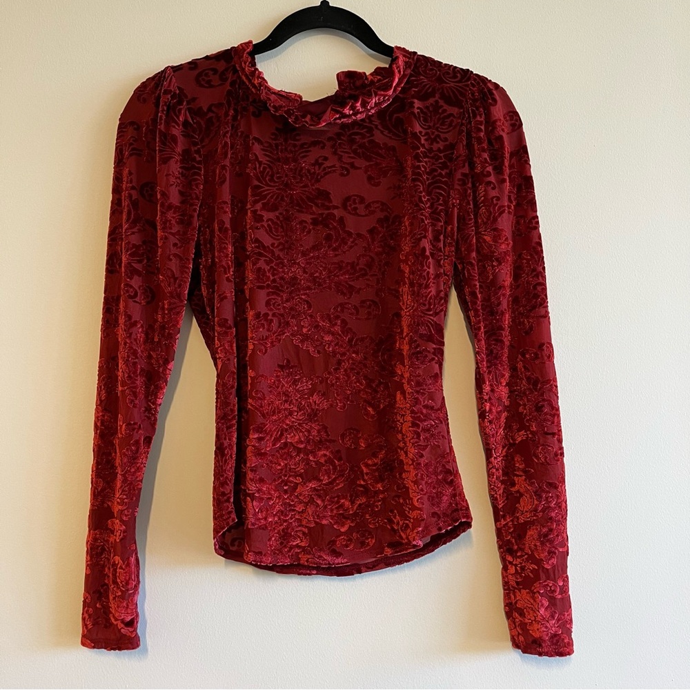 By Anthropologie Sheer Velvet Burnout Top in Wine